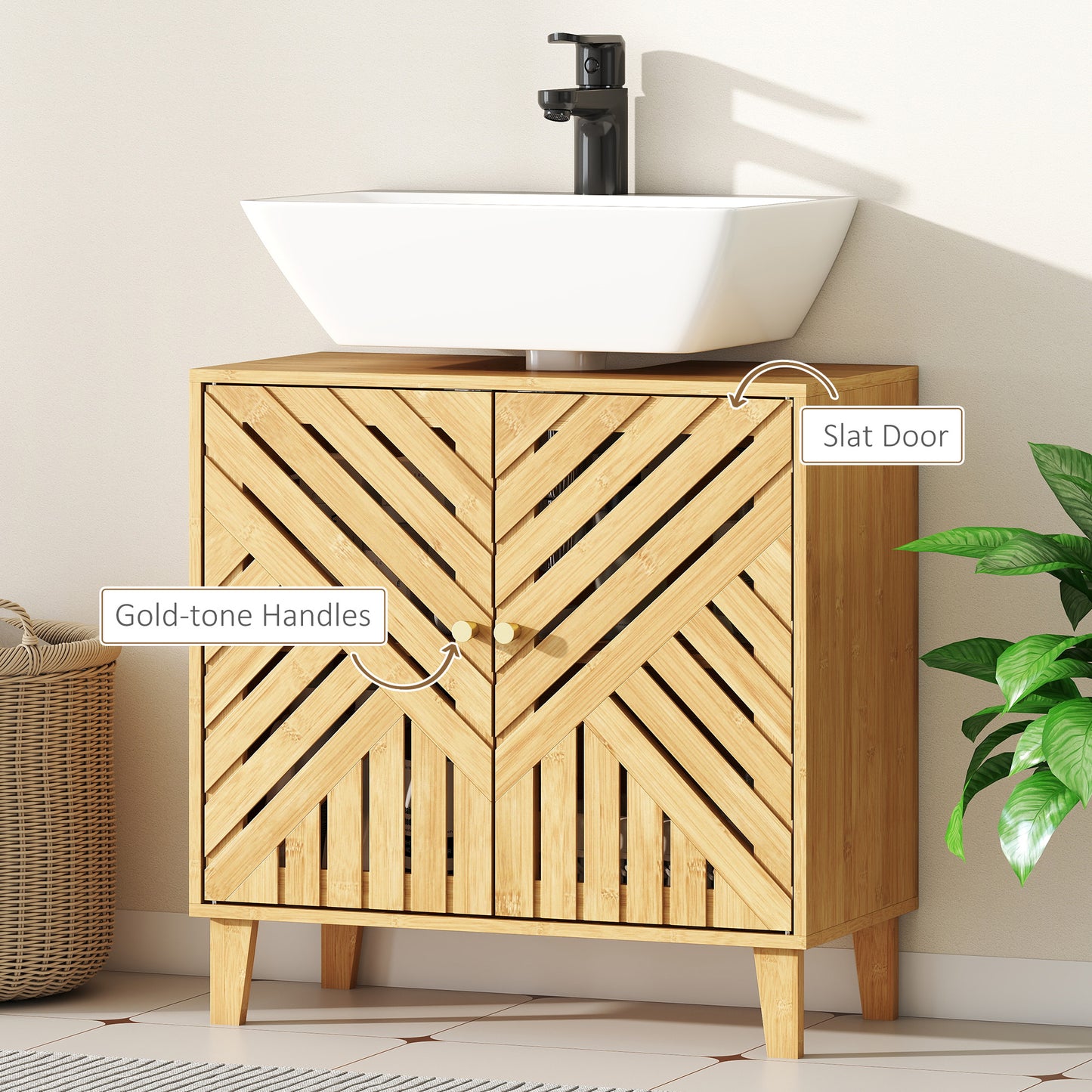 Limifi Bamboo Under Sink Bathroom Storage Cabinet With Adjustable Shelving Natural Finish