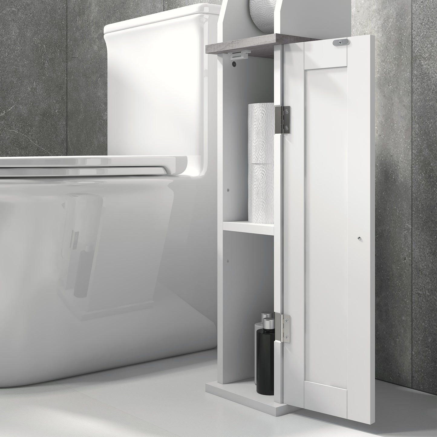 Semike Slim Bathroom Floor Storage Cabinet With Toilet Roll Holder Cupboard And Adjustable Shelving White