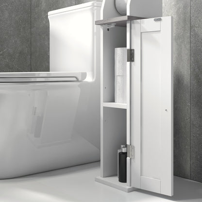 Semike Slim Bathroom Floor Storage Cabinet With Toilet Roll Holder Cupboard And Adjustable Shelving White