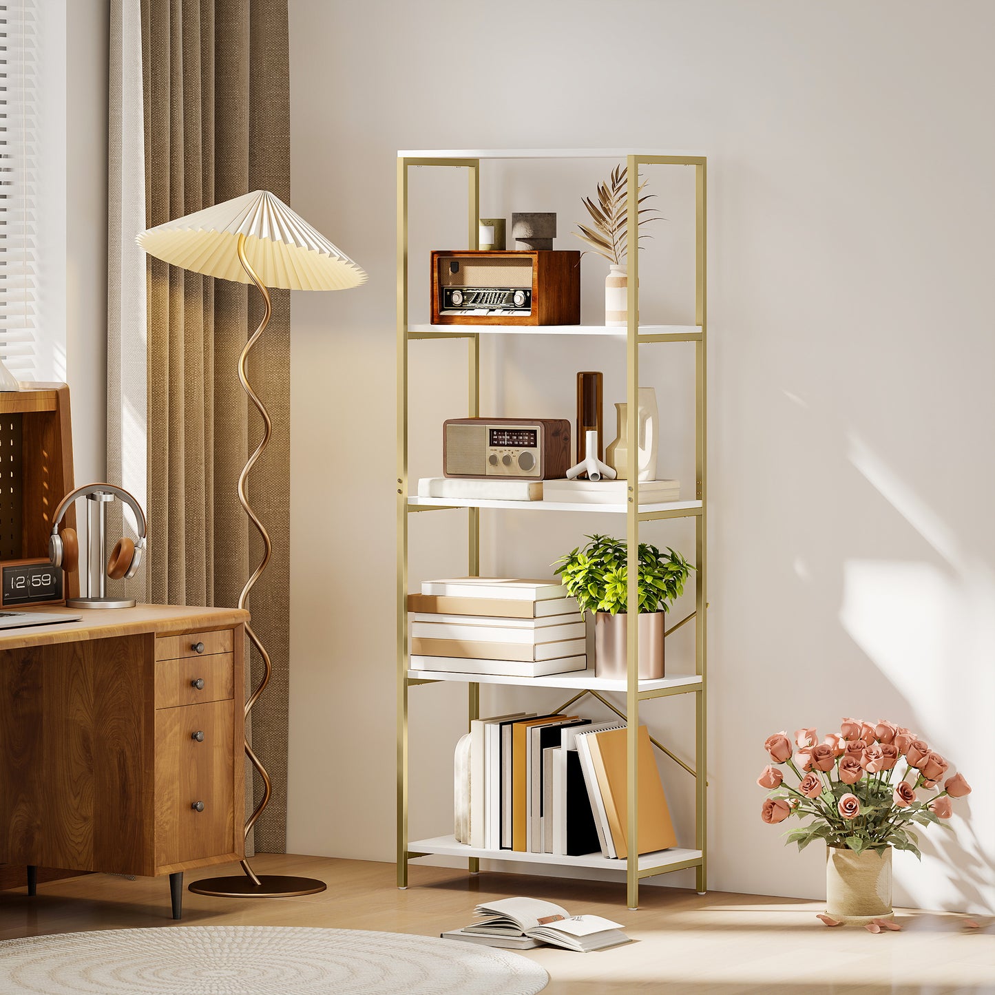 Lazila Metal And Wood White And Gold Tone 5 Tier Modern Bookcase