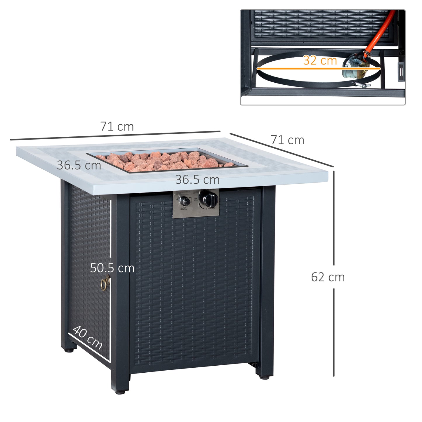 Elmosu Steel And Resin Black And Grey Square Gas Fire Pit Table
