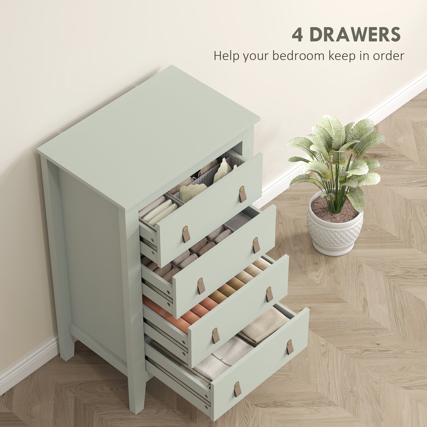Viri Metal And Wood Green 4 Drawer Modern Storage Chest With Faux Leather Handles 60 x 40 x 98 cm