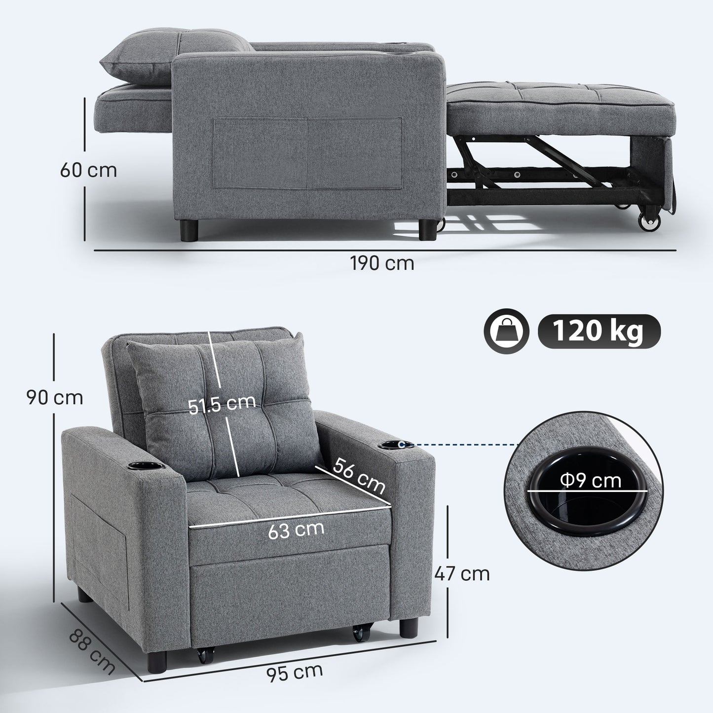 Soliri Grey Upholstered 3 In One Convertible Single Sofa Bed Tufted Cushion