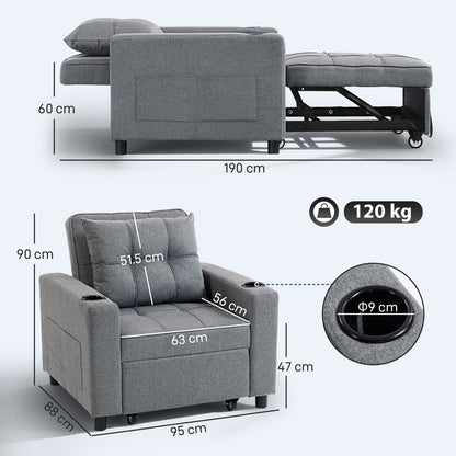 Soliri Grey Upholstered 3 In One Convertible Single Sofa Bed Tufted Cushion