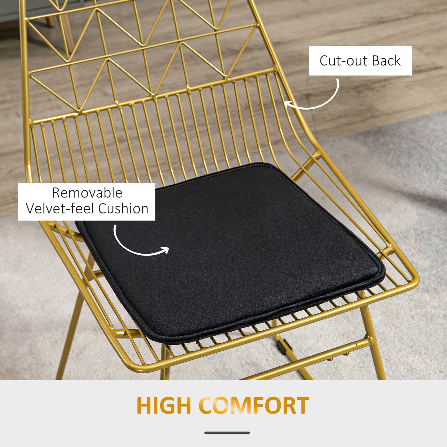 Kalu Metal Gold Wire Dining Chairs Set Of 2 With Removable Velvet Cushion
