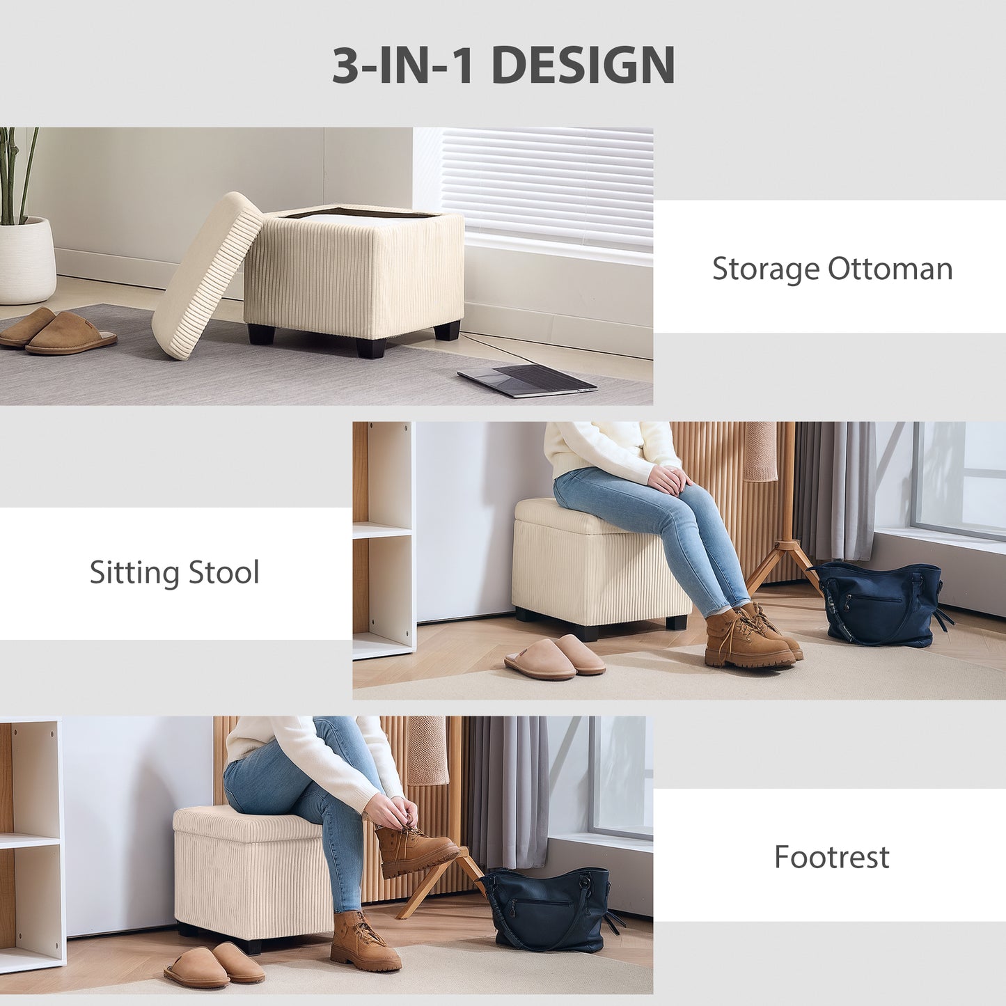 Rivima Square Beige Corduroy Storage Ottoman Bench With Removable Lid