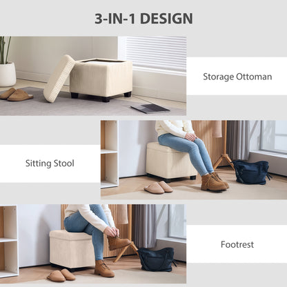 Rivima Square Beige Corduroy Storage Ottoman Bench With Removable Lid
