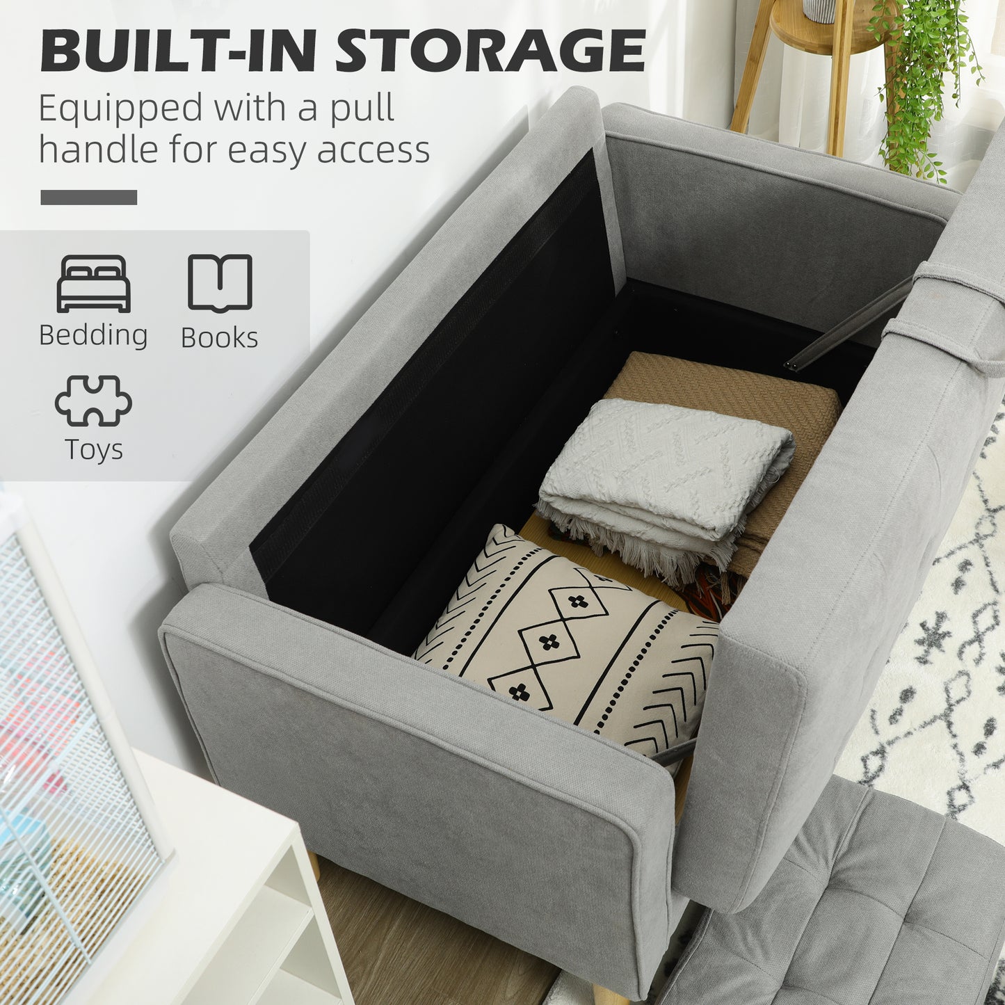 Pamo Fabric Light Grey Compact 2 Seater Sofa With Hidden Storage Tufted Seat And Wooden Legs