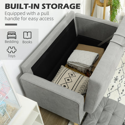 Pamo Fabric Light Grey Compact 2 Seater Sofa With Hidden Storage Tufted Seat And Wooden Legs