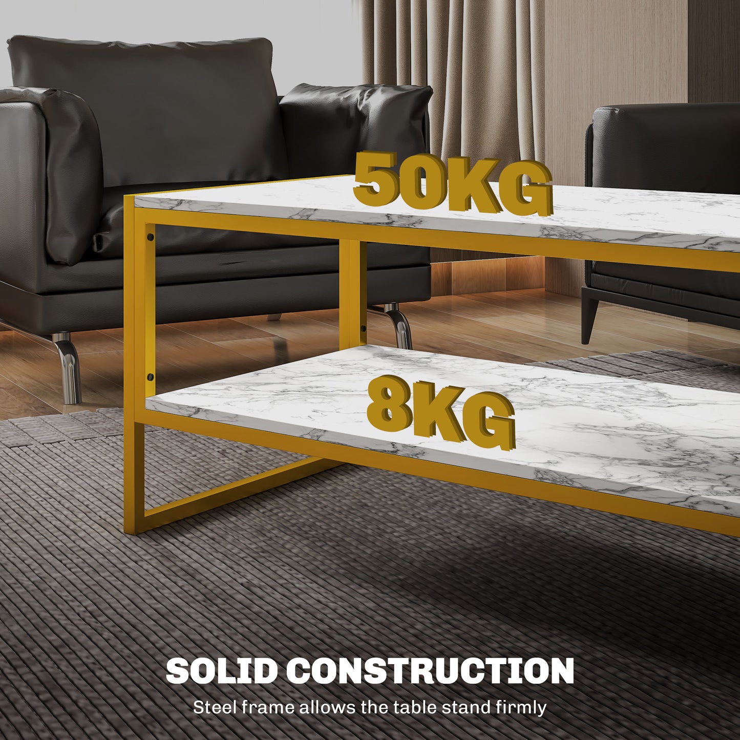 Vile Metal And Wooden White Marble Effect 2 Tier Coffee Table With Bottom Shelf