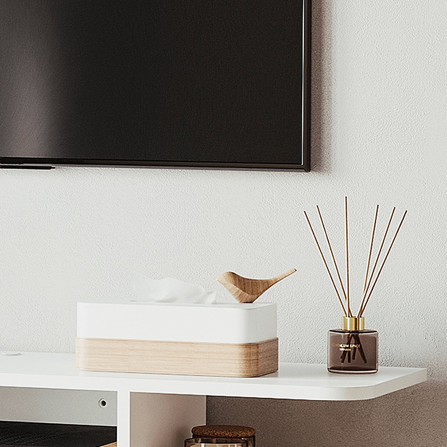 Kere Wooden White Floating TV Unit With OFauxn Shelves For Screens Up To 40 Inches