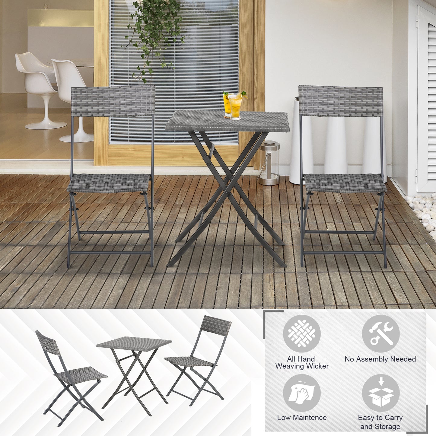 Lutapa Rattan Grey 2 Seater Folding Bistro Chair And Table Set