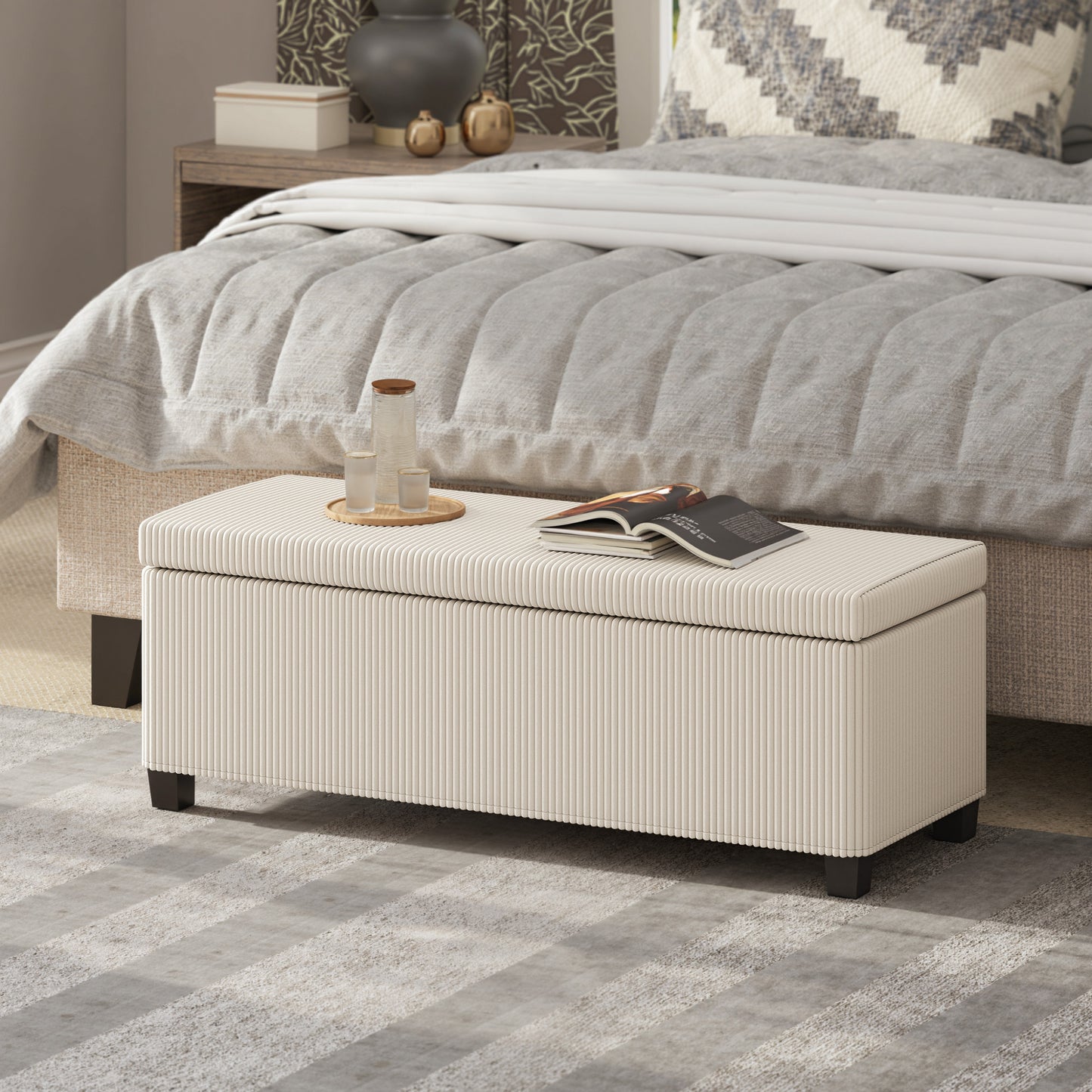 Toha Beige Corduroy Storage Ottoman Bench With Removable Lid