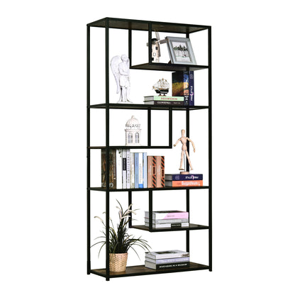 Elra Rana Metal And Wood Rustic Brown And Black 6 Tier Industrial Tall Bookcase