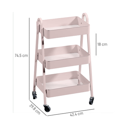 Subase Metal Pink 3 Tier Storage Trolley With Wheels