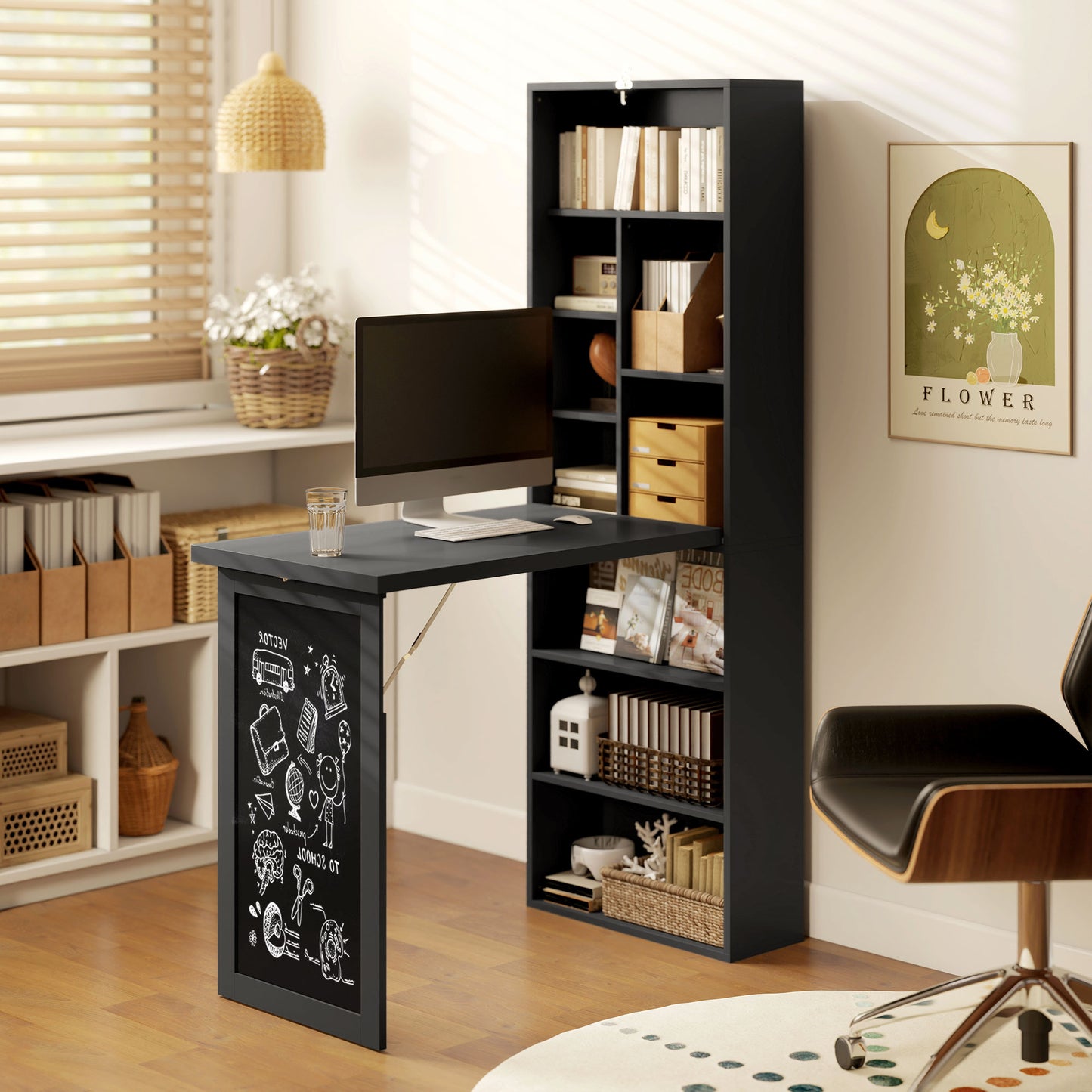 Havizi 98cm Black 3 Section Work Desk With Chalkboard And Storage