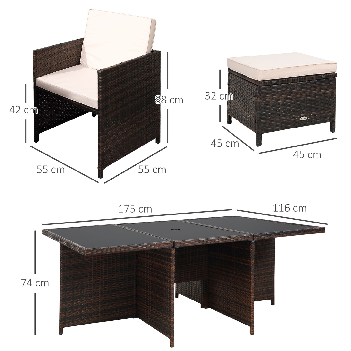 Mafa Rattan Brown 10 Seater Cube Outdoor Dining Set With Cushions And Rectangular Glass Table