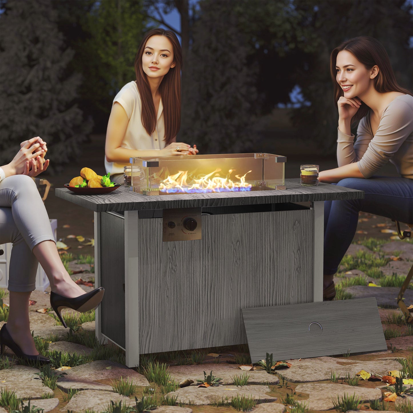 Luno Rectangular Steel Dark Grey Gas Fire Pit Table With Cover And Glass Screen