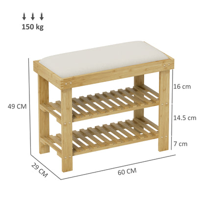 Fisuso 60cm Bamboo Cream White 3 Tier Shoe Bench With Cushioned Seat