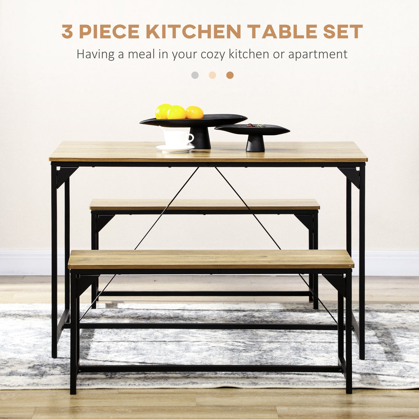 Yomaha Wooden Natural Dining Table With 2 Benches Seating 4