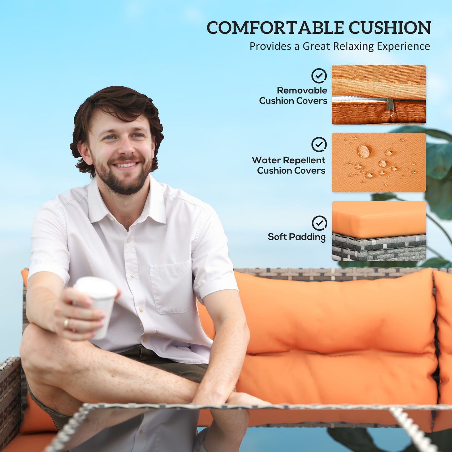 Tasu Rattan Orange And Grey 7 Seater Outdoor Sofa Set With Cushions And Glass Tables