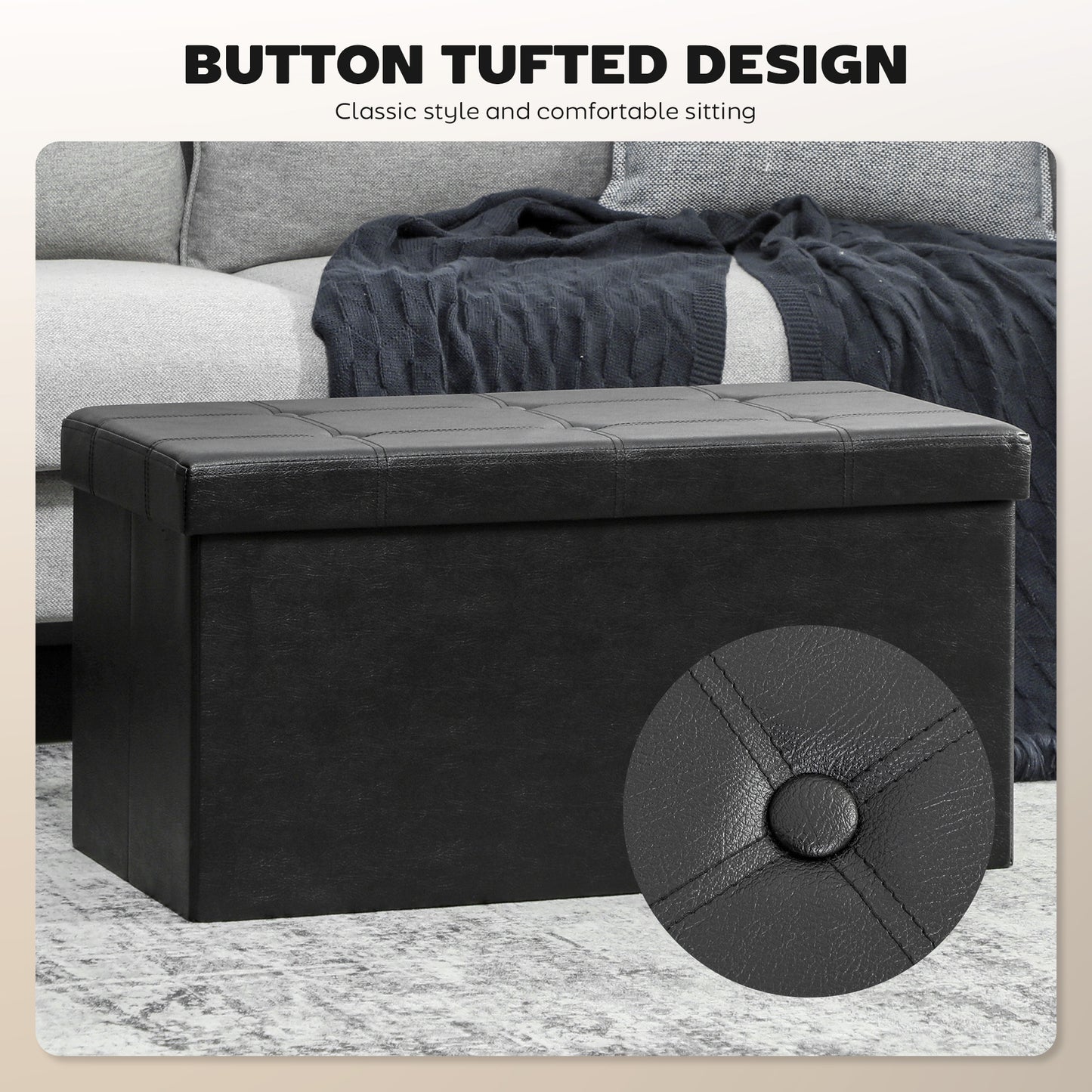 Riviri Faux Leather Black Folding Storage Ottoman Bench 89 Litre