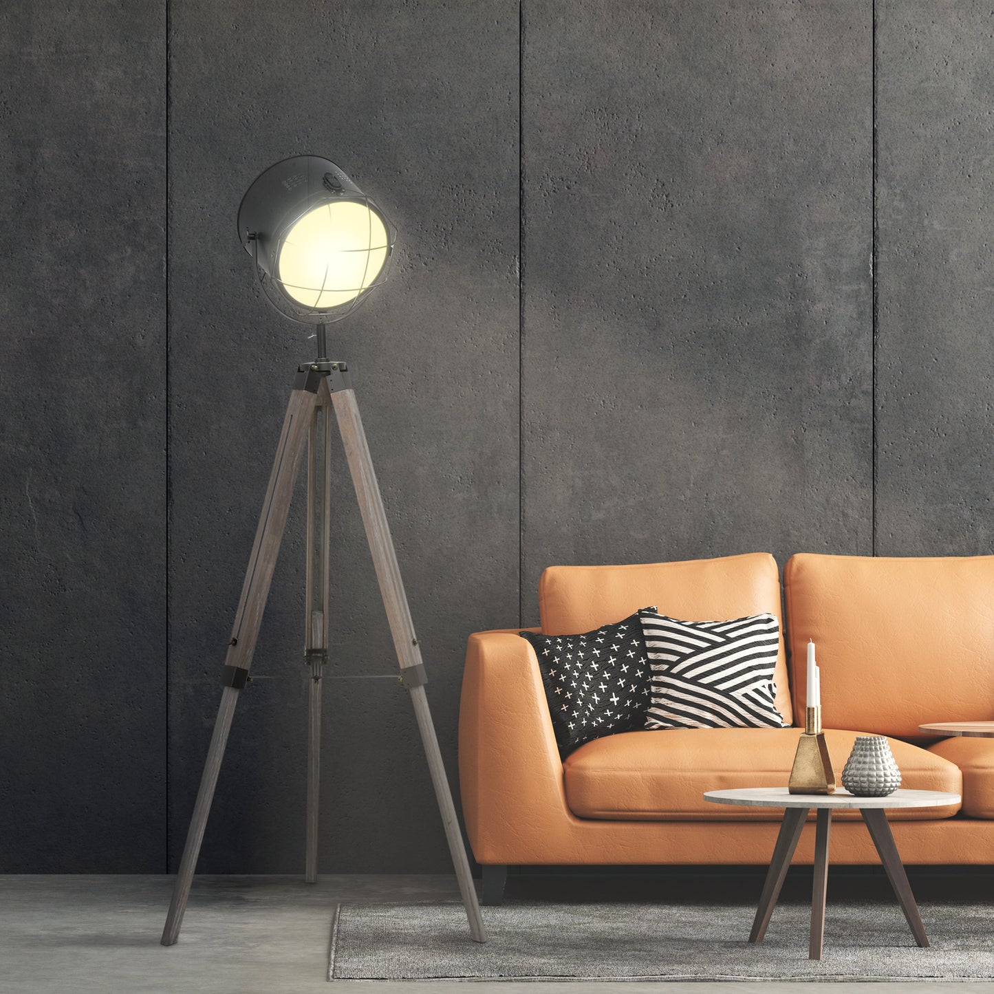 Lesado Zine Wood And Metal Grey Adjustable Tripod Floor Lamp With Spotlight Head