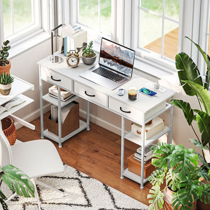 Riba 120cm Wooden White Home Office Desk With Power Sockets 3 Fabric Drawers And Storage Shelves 120 cm