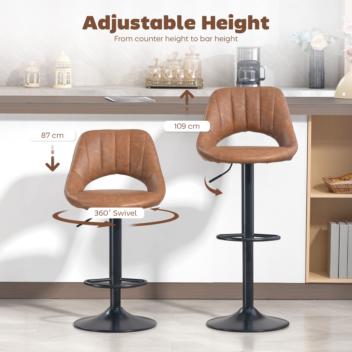 Palosa Set Of 2 Brown Faux Leather Swivel Bar Chairs With Backrest And Footrest