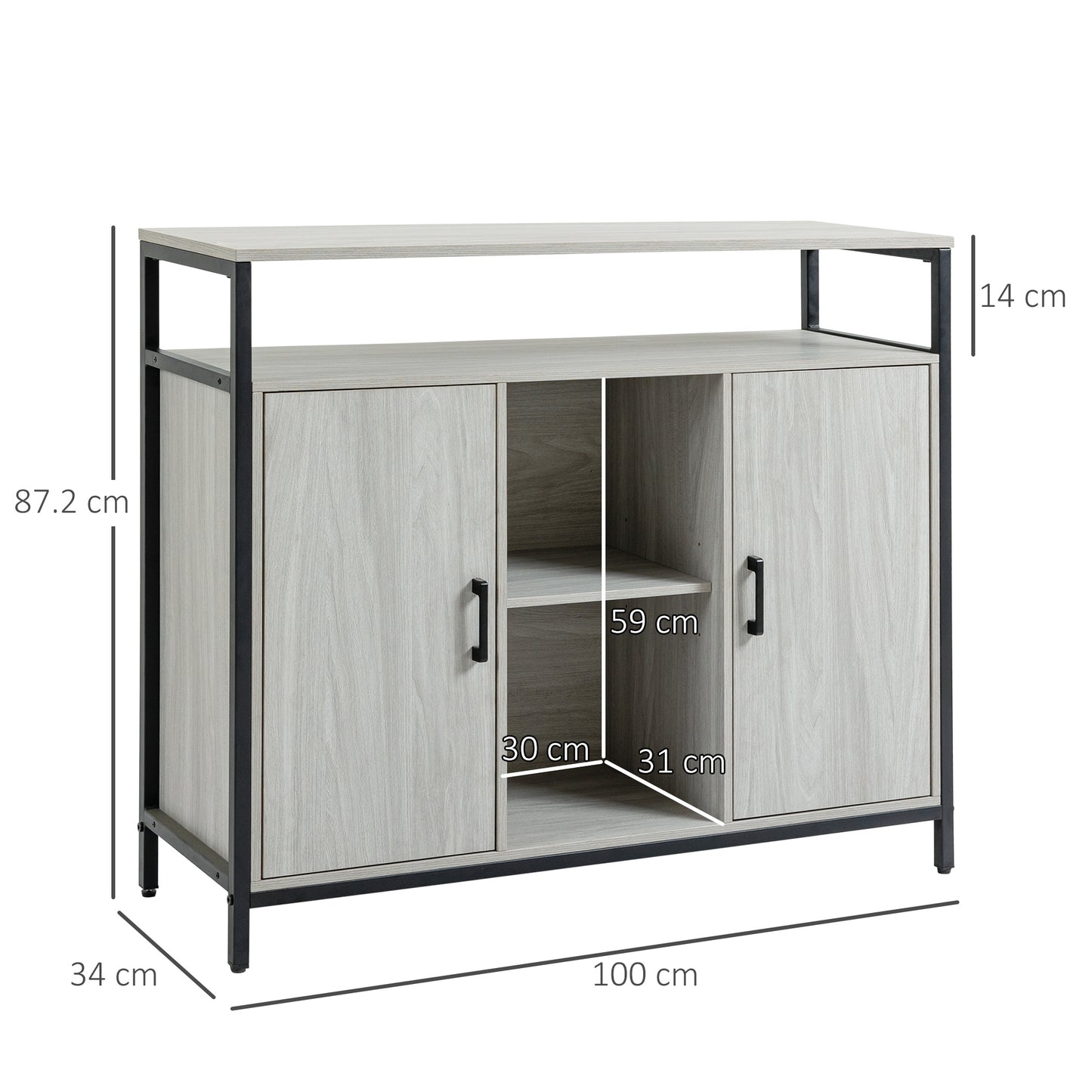 Vara Light Grey Sideboard with Steel Frame 2 Doors 4 Shelves