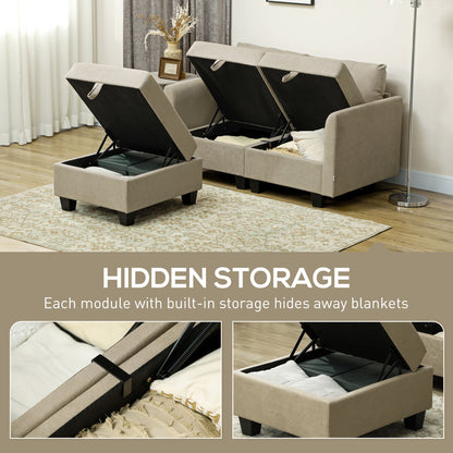 Yokata Light Brown Upholstered Modular L Shaped Sofa With Integrated Storage