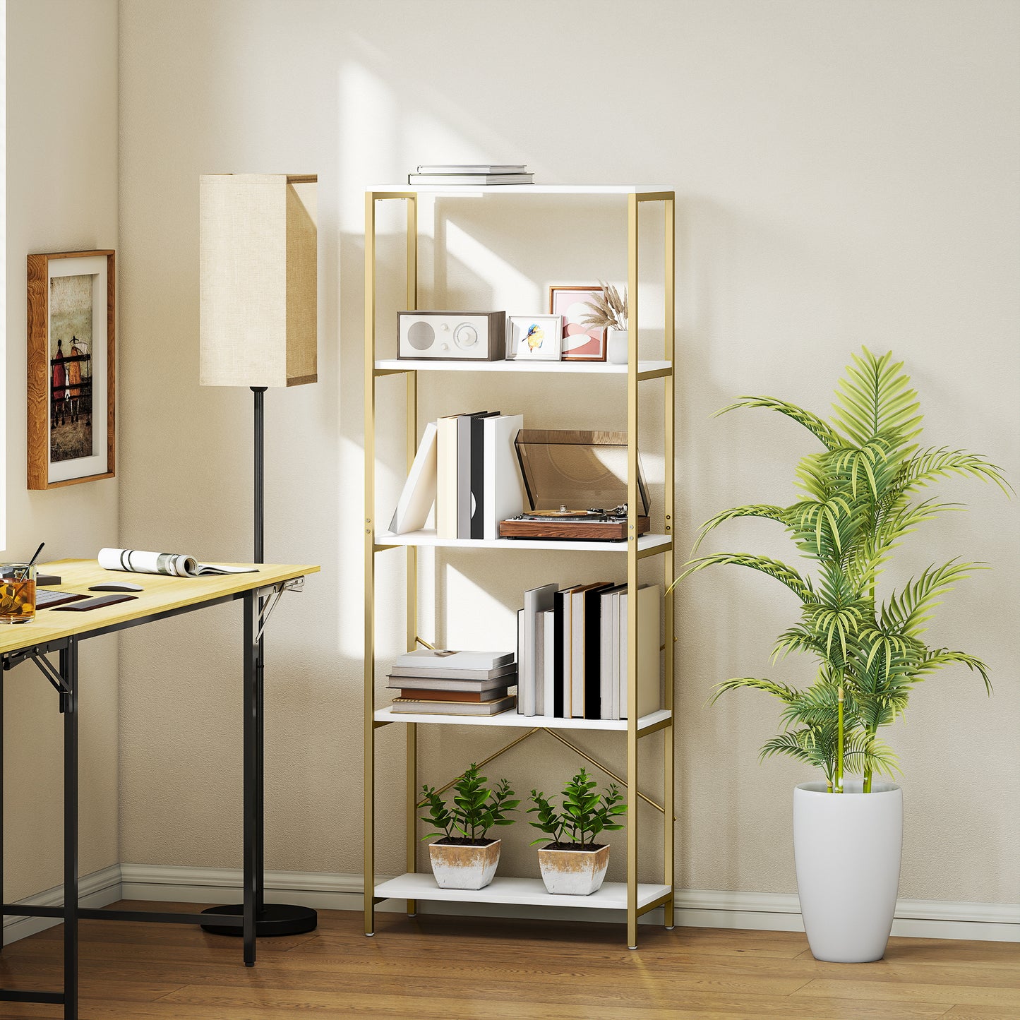 Lazila Metal And Wood White And Gold Tone 5 Tier Modern Bookcase