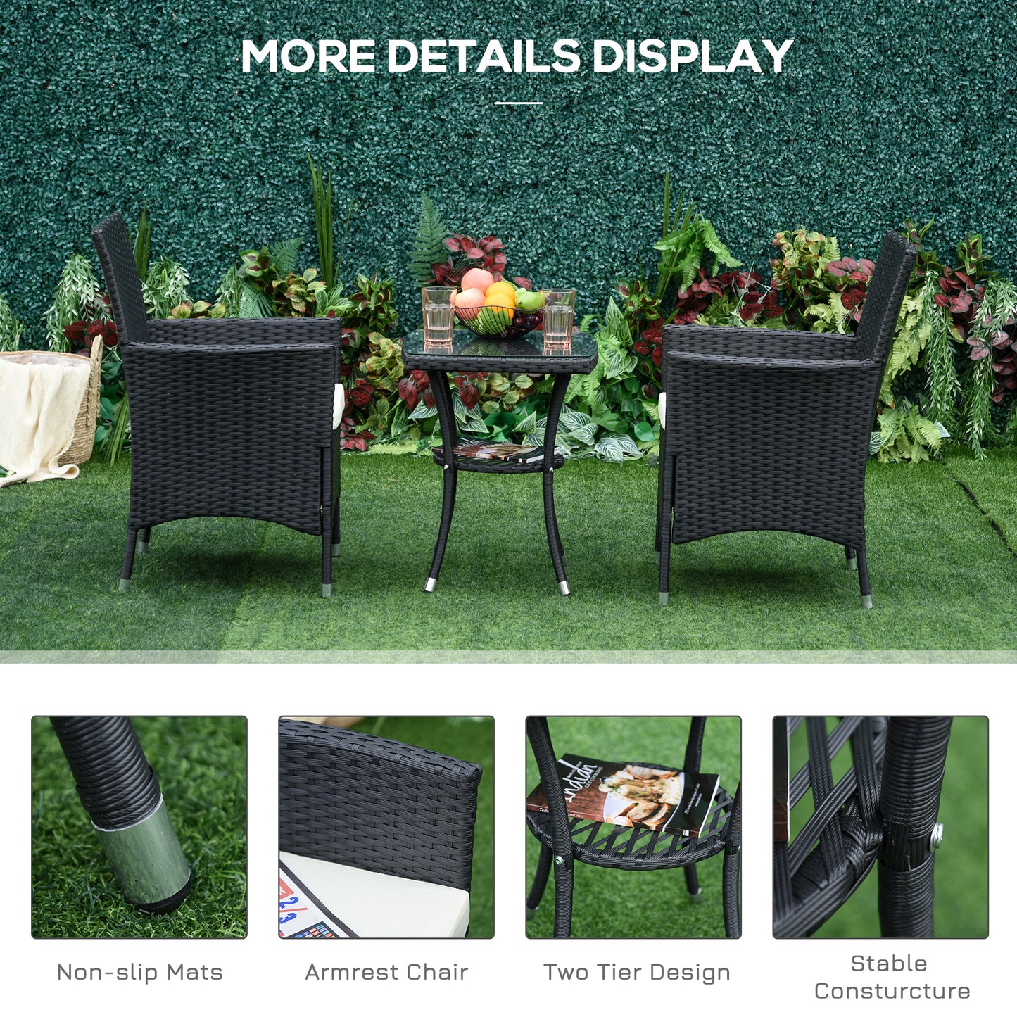 Rafifi Black Rattan 3 Piece Outdoor Bistro Set With Cushions And 2 Tier Coffee Table