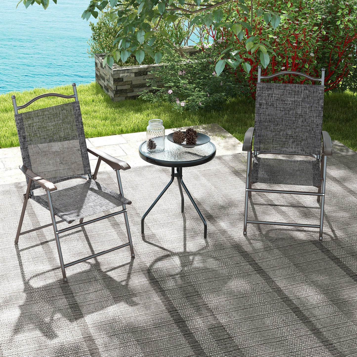 Hael Set Of 2 Metal Grey Folding Garden Chairs With Fabric Mesh Seats