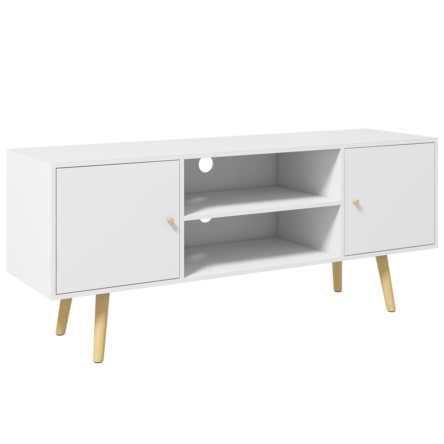 Vido 120cm Tozi Wooden White TV Cabinet With Open Shelves And Wooden Legs For Screens Up To 55 Inches
