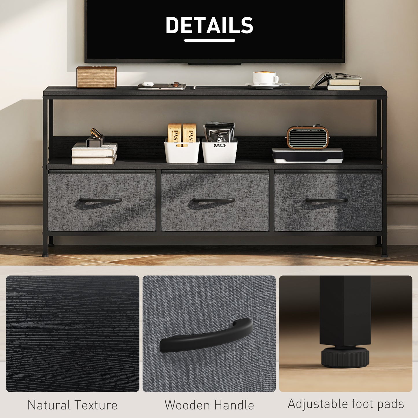 Avanor 120cm Black TV Storage Unit With 3 Fold Down Fabric Drawers