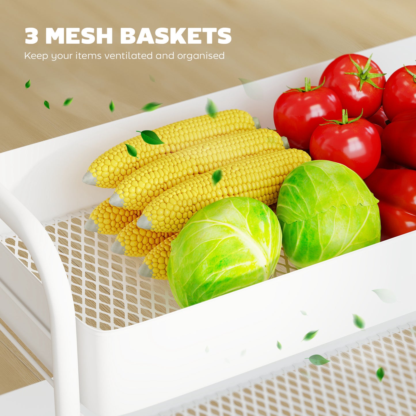 Saseta Sosa Metal White 3 Tier Rolling Utility Trolley With Mesh Baskets