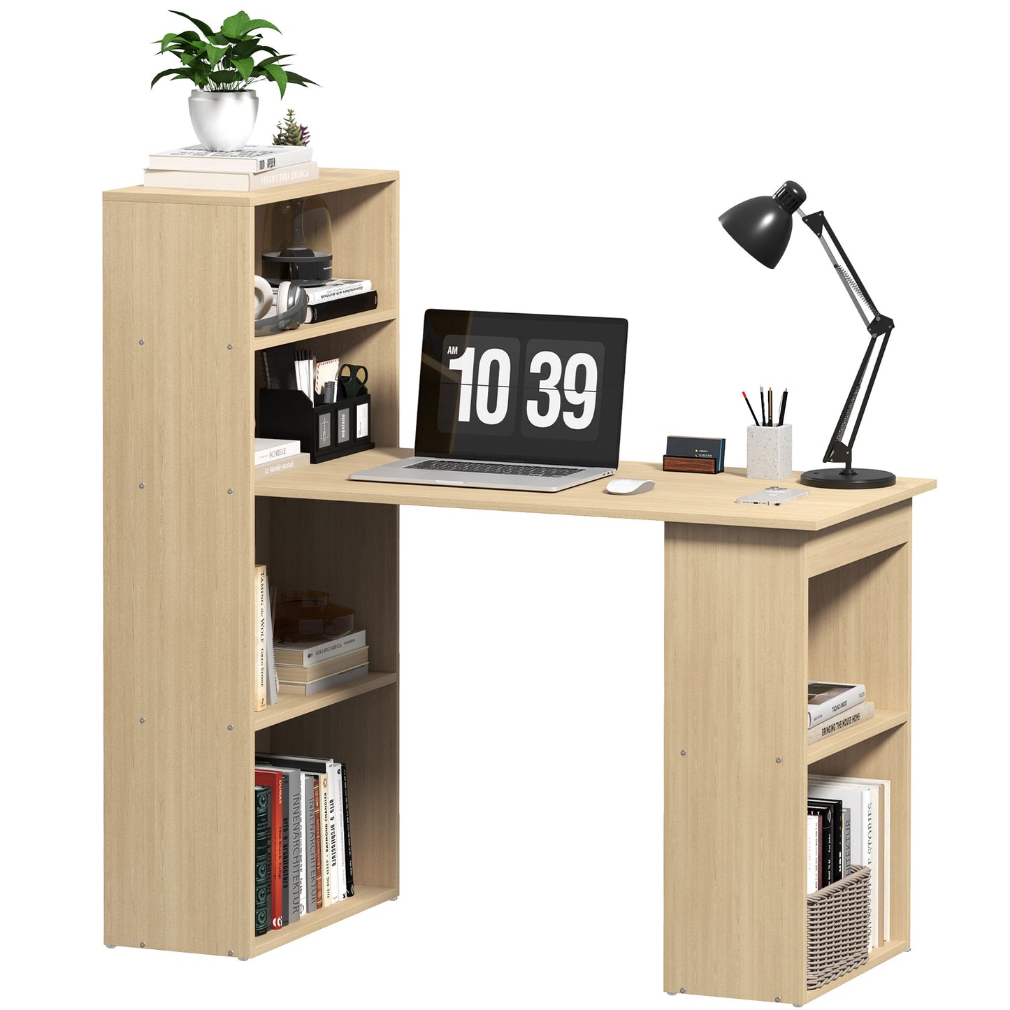 Mane 120cm Natural Wood Study Desk With 6 Tier Bookshelf Storage