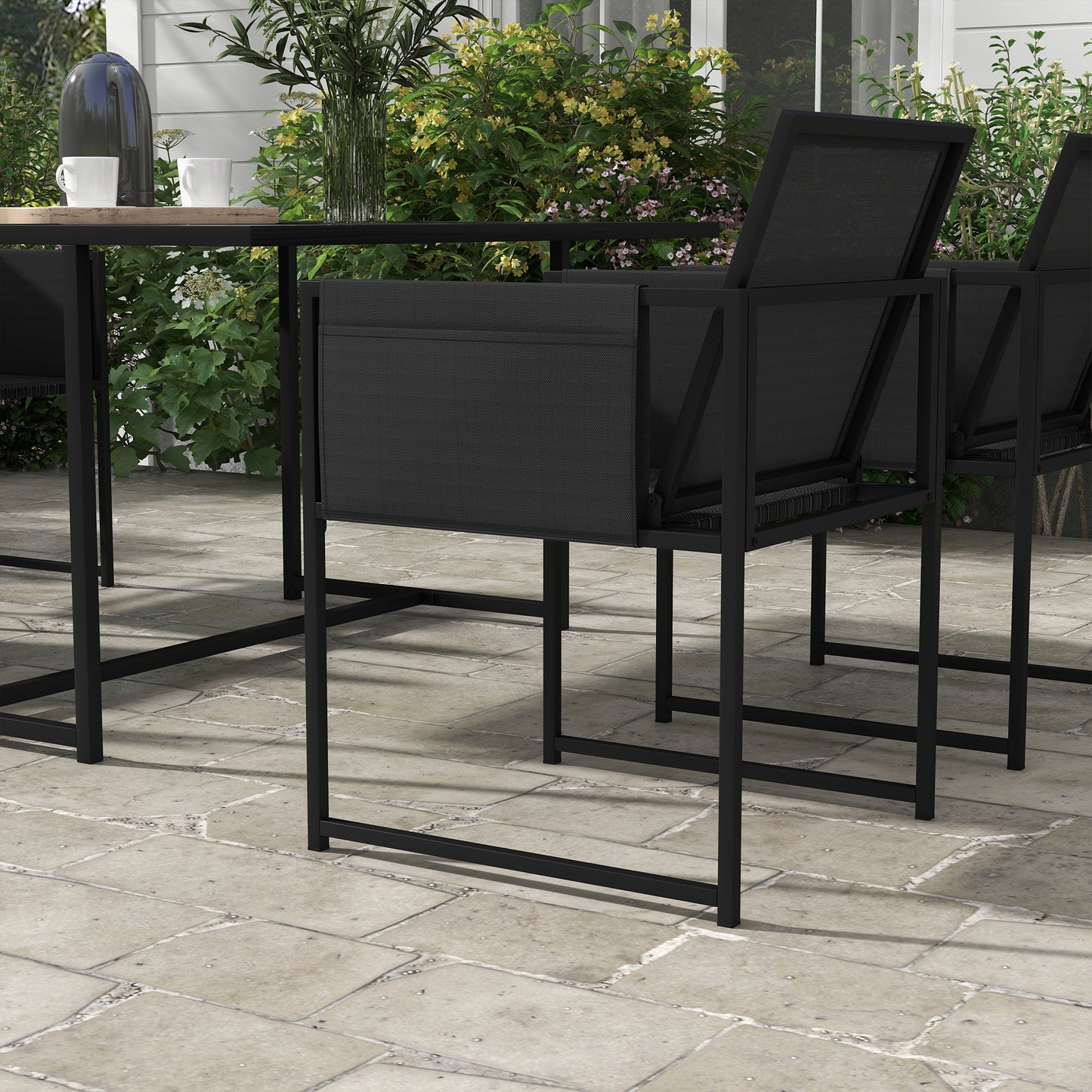 Bamico 4 Seater Metal Black Garden Dining Set With Mesh Seats And Glass Table