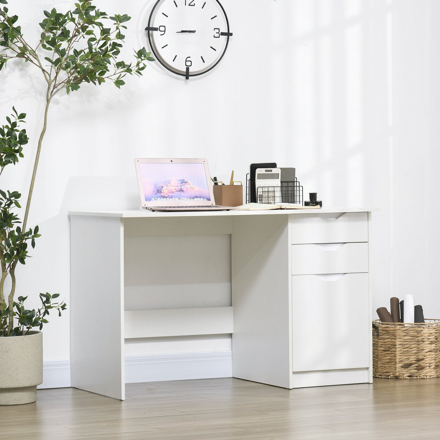 Niba 120cm High Gloss White Home Office Desk With Drawers And Storage Cabinet