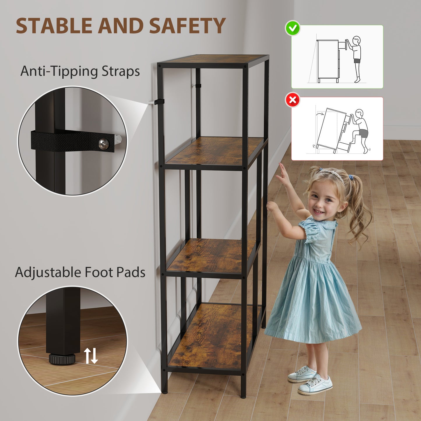 Modisu Wood Rustic Brown 4 Tier Bookcase With OFauxn Shelving
