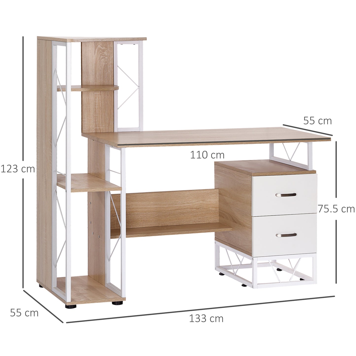 Lasomo 133cm Wooden Oak Desk  Drawers and Shelves