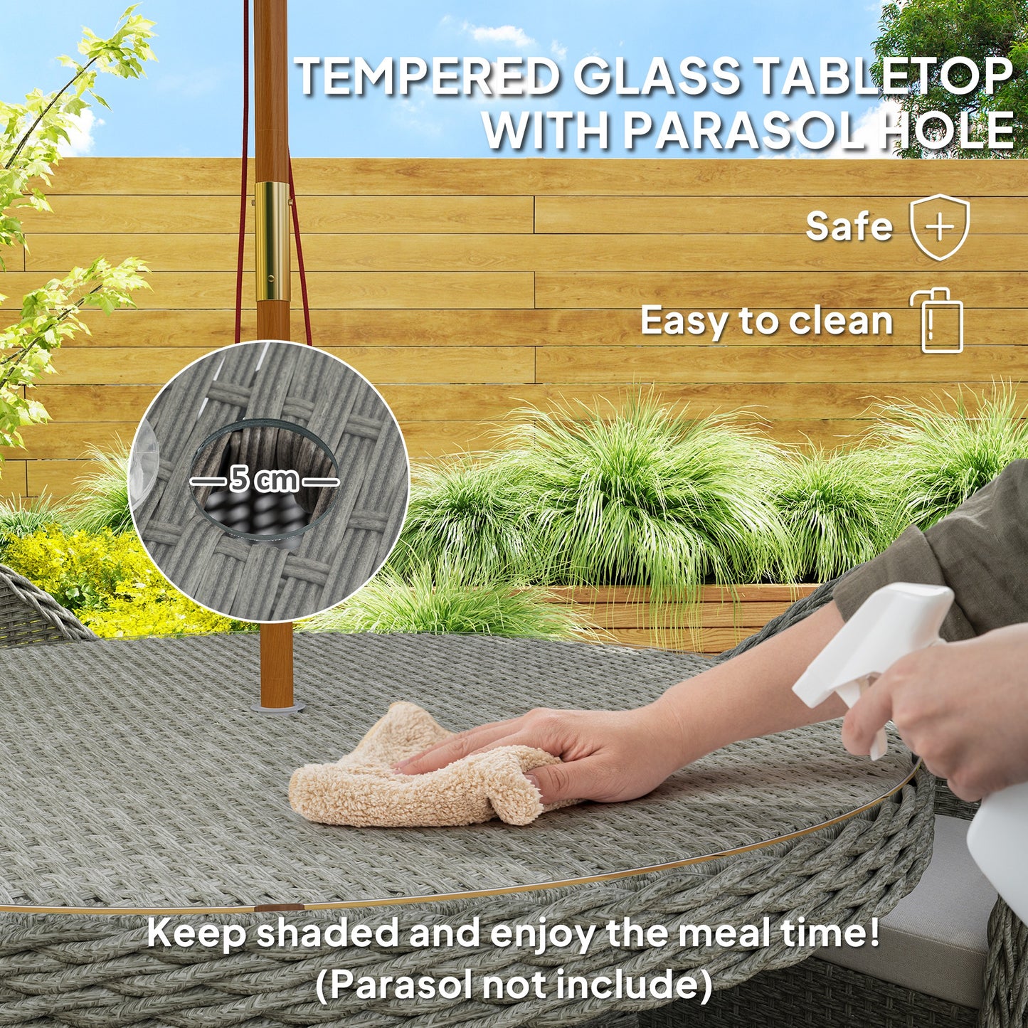 Sepa Rattan Grey 4 Seater Outdoor Dining Set With Cushions And Glass Top Table With Parasol Hole