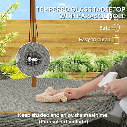 Sepa Rattan Grey 4 Seater Outdoor Dining Set With Cushions And Glass Top Table With Parasol Hole