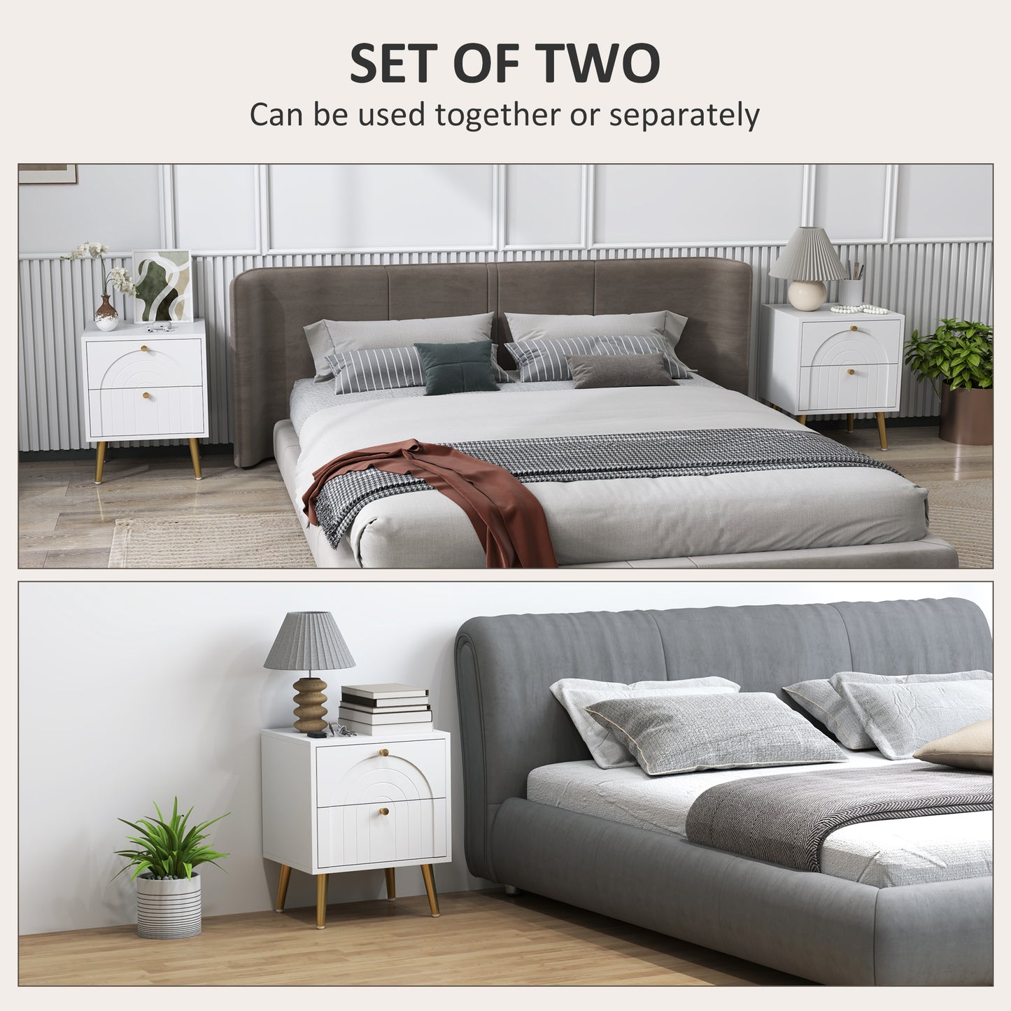 Leri Kama Set Of 2 White Bedside Tables 2 Drawers Golden Handles