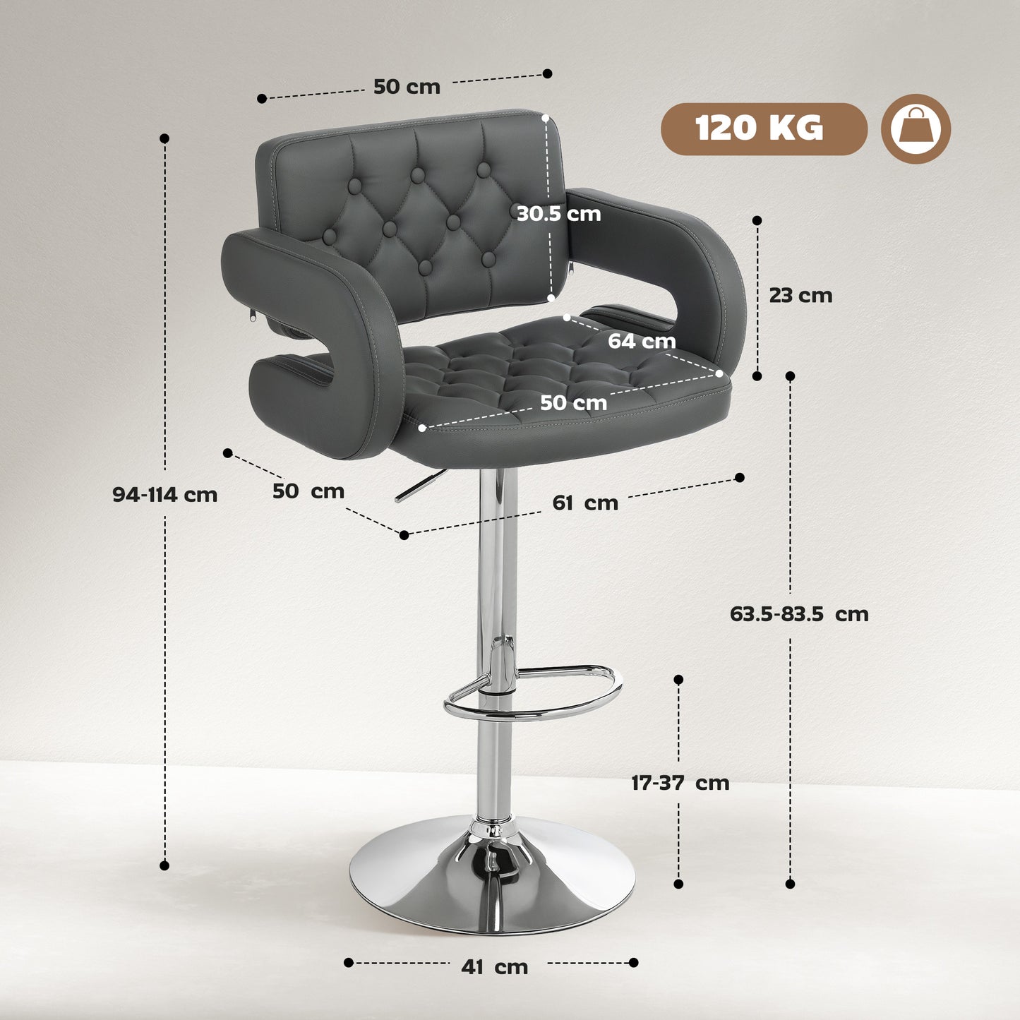 Sacorte Grey Faux Leather Adjustable Swivel Bar Stool With Armrests