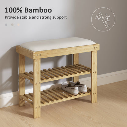 Fisuso 60cm Bamboo Cream White 3 Tier Shoe Bench With Cushioned Seat