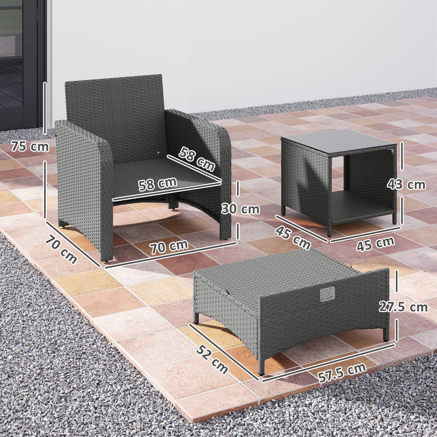 Mami Rattan Grey and White Outdoor Garden Bistro Set With 2 Tier Coffee Table And Footstools