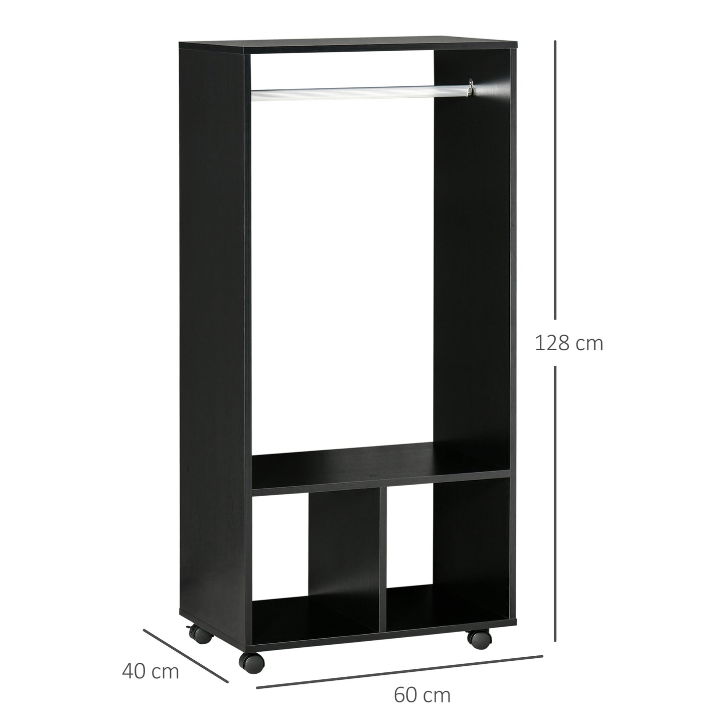 Beladell Small Black Open Wardrobe On Lockable Wheels With Hanging Rail And 2 Shelves