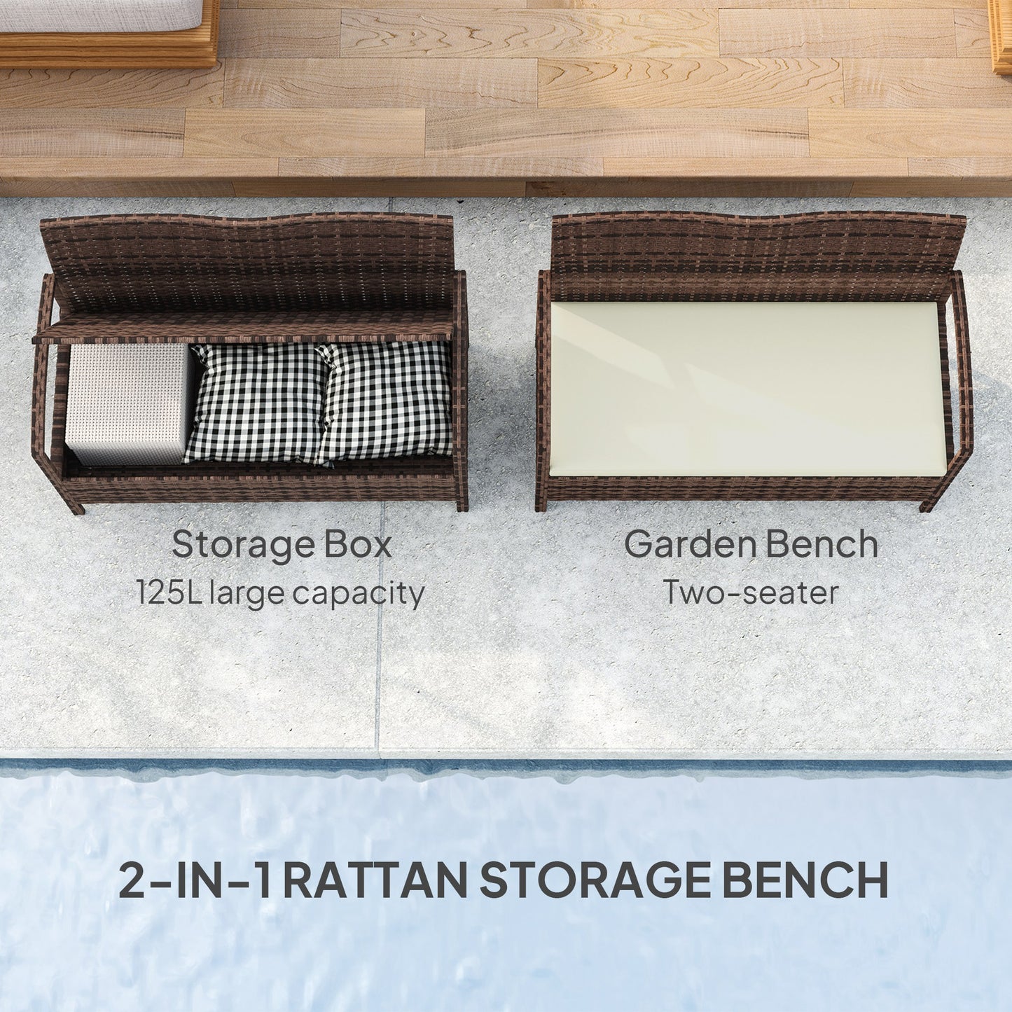 Rarette Rattan Brown Garden Storage Bench With Cushion 125L Capacity